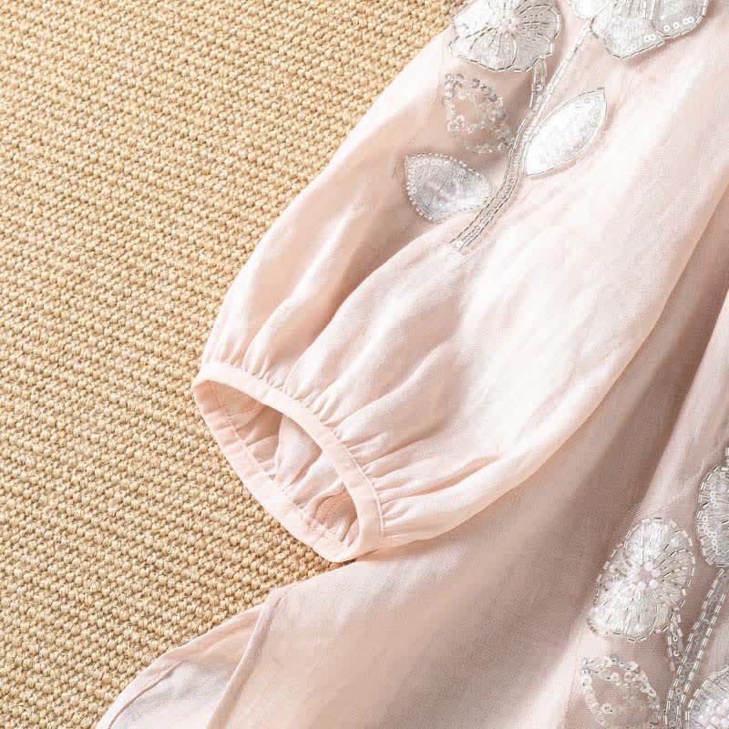 Buddha Stones 夏物カジュアルエレガント刺繍入りホワイト花柄クルーネックレディース長袖Tシャツ - image 5