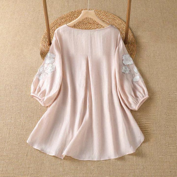 Buddha Stones 夏物カジュアルエレガント刺繍入りホワイト花柄クルーネックレディース長袖Tシャツ - image 1