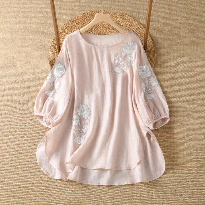 Buddha Stones 夏物カジュアルエレガント刺繍入りホワイト花柄クルーネックレディース長袖Tシャツ - ミスティローズ - US14, UK/AU18, EU46 （2XL） - image 0