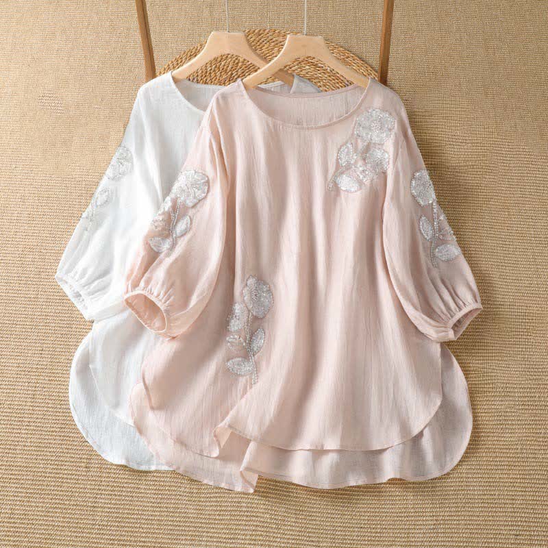 Buddha Stones 夏物カジュアルエレガント刺繍入りホワイト花柄クルーネックレディース長袖Tシャツ - image 8