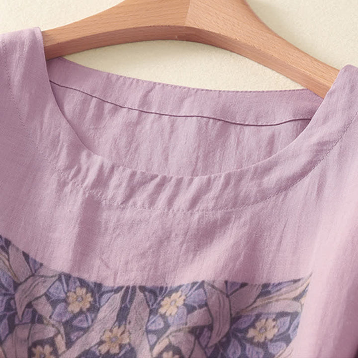 Buddha Stones 夏物カジュアルヴィンテージドローストリング抽象花柄プリントレディース半袖Tシャツ - image 1