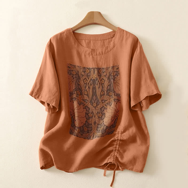 Buddha Stones 夏物カジュアルヴィンテージドローストリング抽象花柄プリントレディース半袖Tシャツ - コーラル - US8-10, UK/AU12-14, EU40-42 （2XL） - image 9