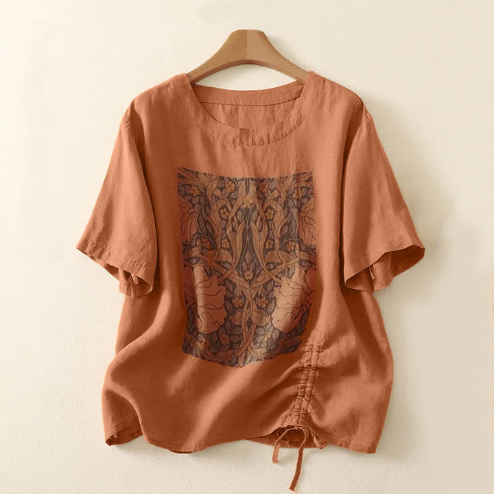 Buddha Stones 夏物カジュアルヴィンテージドローストリング抽象花柄プリントレディース半袖Tシャツ - コーラル - US8-10, UK/AU12-14, EU40-42 （2XL） - image 9