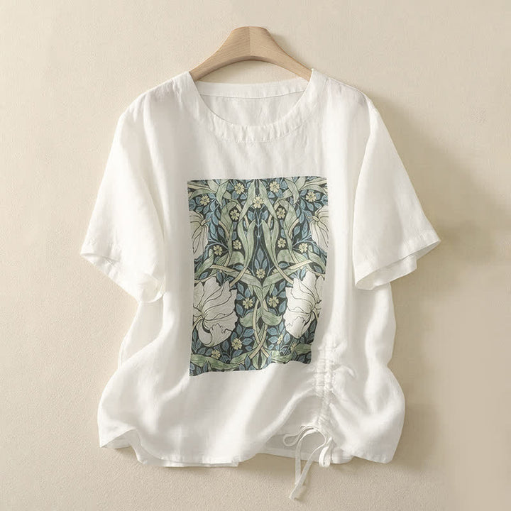 Buddha Stones 夏物カジュアルヴィンテージドローストリング抽象花柄プリントレディース半袖Tシャツ - 白 - US8-10, UK/AU12-14, EU40-42 （2XL） - image 14