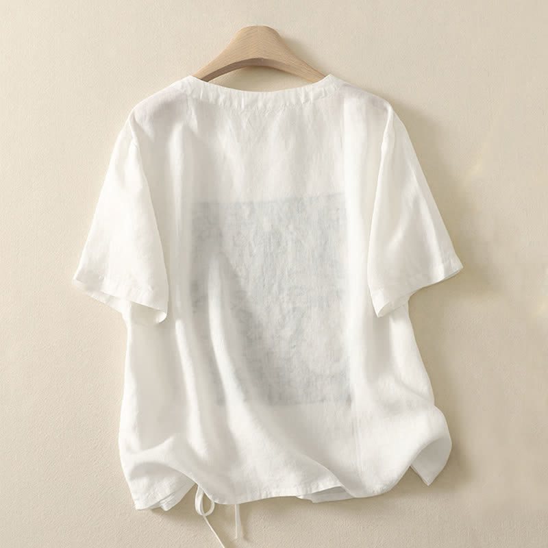 Buddha Stones 夏物カジュアルヴィンテージドローストリング抽象花柄プリントレディース半袖Tシャツ - image 15