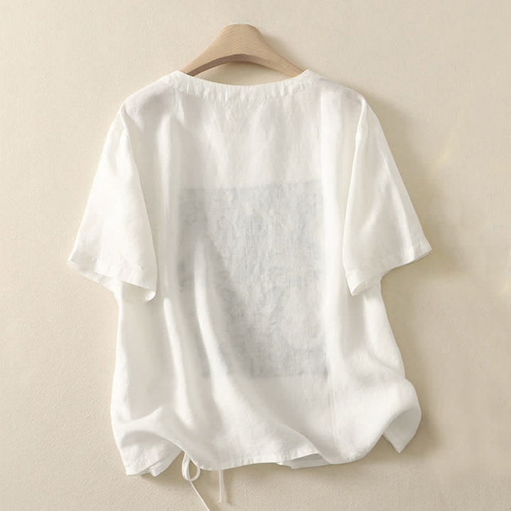 Buddha Stones 夏物カジュアルヴィンテージドローストリング抽象花柄プリントレディース半袖Tシャツ - image 15