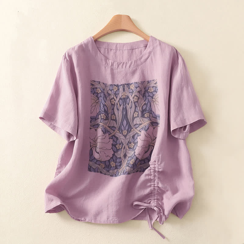 Buddha Stones 夏物カジュアルヴィンテージドローストリング抽象花柄プリントレディース半袖Tシャツ - 梅 - US8-10, UK/AU12-14, EU40-42 （2XL） - image 0