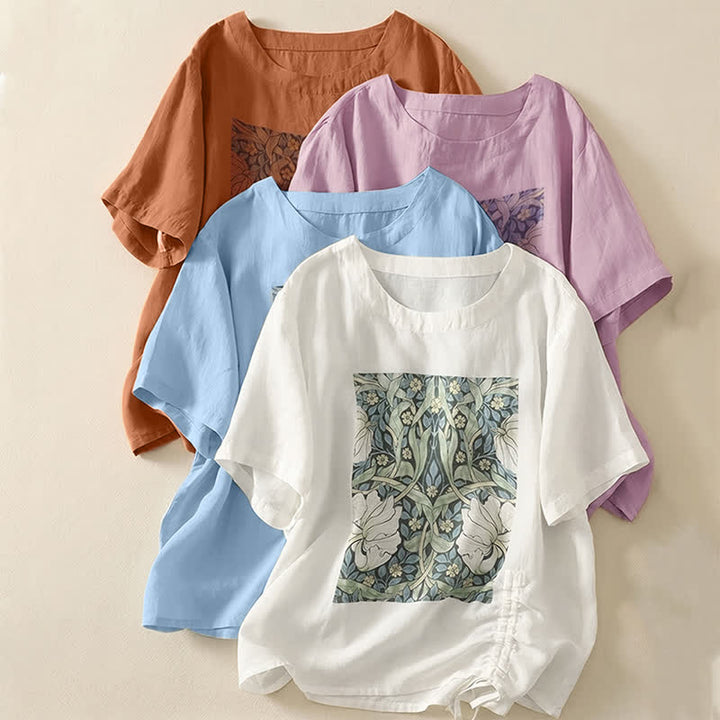Buddha Stones 夏物カジュアルヴィンテージドローストリング抽象花柄プリントレディース半袖Tシャツ - image 21