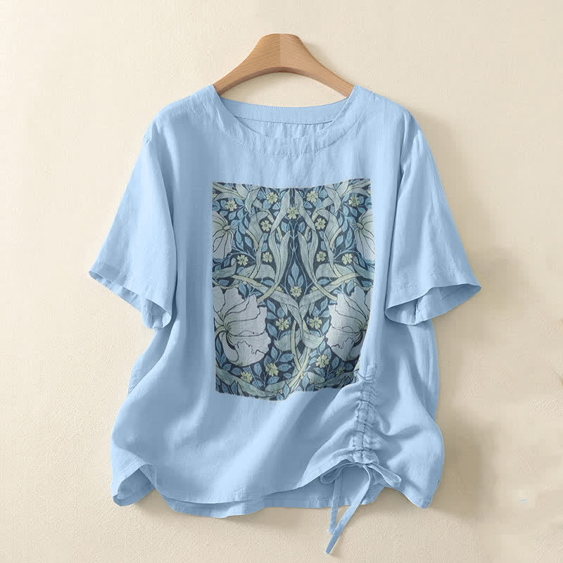 Buddha Stones 夏物カジュアルヴィンテージドローストリング抽象花柄プリントレディース半袖Tシャツ - 水色 - US8-10, UK/AU12-14, EU40-42 （2XL） - image 5