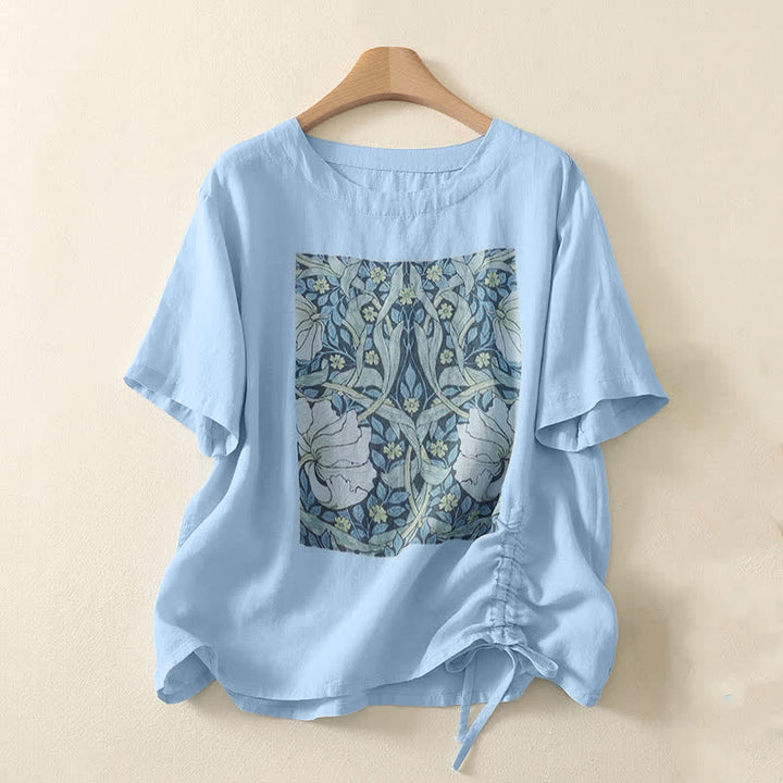 Buddha Stones 夏物カジュアルヴィンテージドローストリング抽象花柄プリントレディース半袖Tシャツ - 水色 - US8-10, UK/AU12-14, EU40-42 （2XL） - image 5