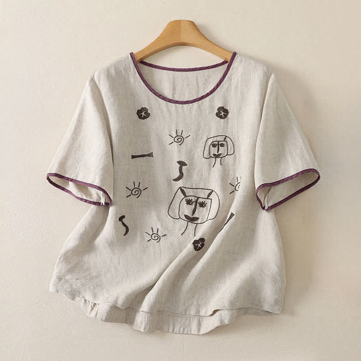 Buddha Stones 夏物カジュアルヴィンテージ抽象ひまわりキャラクター刺繍レディース半袖Tシャツ - リネン - US8-10, UK/AU12-14, EU40-42 （2XL） - image 5