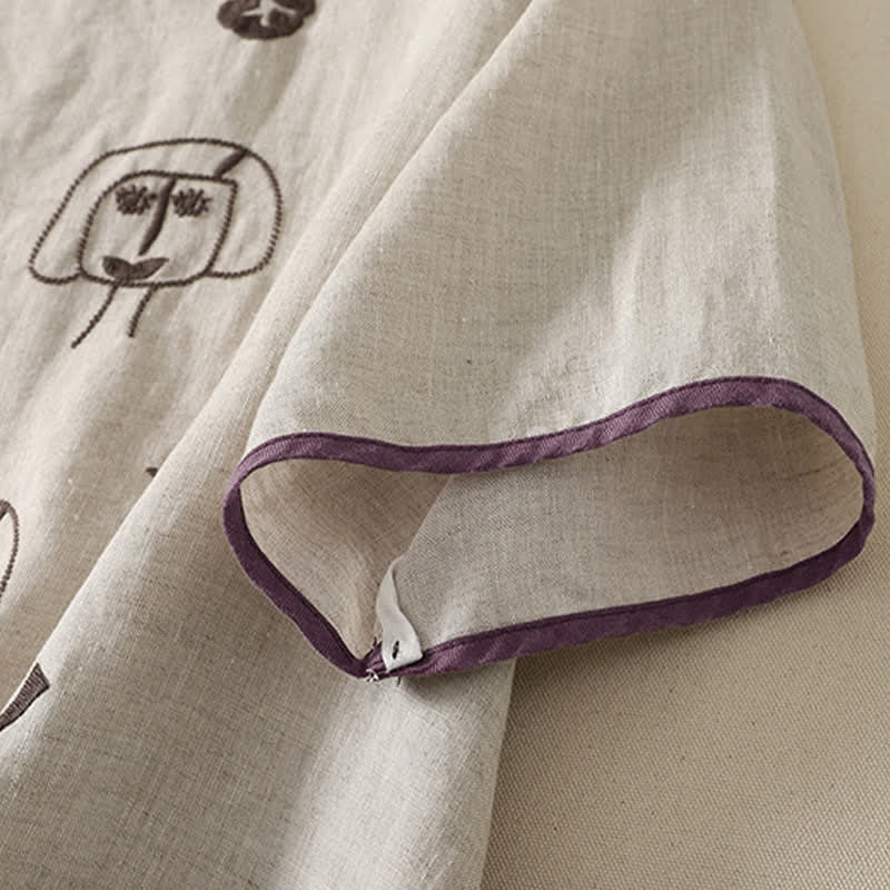 Buddha Stones 夏物カジュアルヴィンテージ抽象ひまわりキャラクター刺繍レディース半袖Tシャツ - image 10