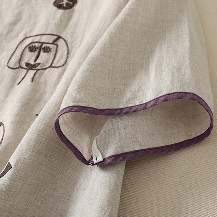 Buddha Stones 夏物カジュアルヴィンテージ抽象ひまわりキャラクター刺繍レディース半袖Tシャツ - image 10