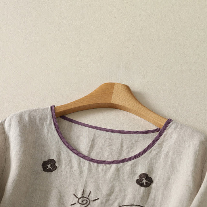 Buddha Stones 夏物カジュアルヴィンテージ抽象ひまわりキャラクター刺繍レディース半袖Tシャツ - image 7