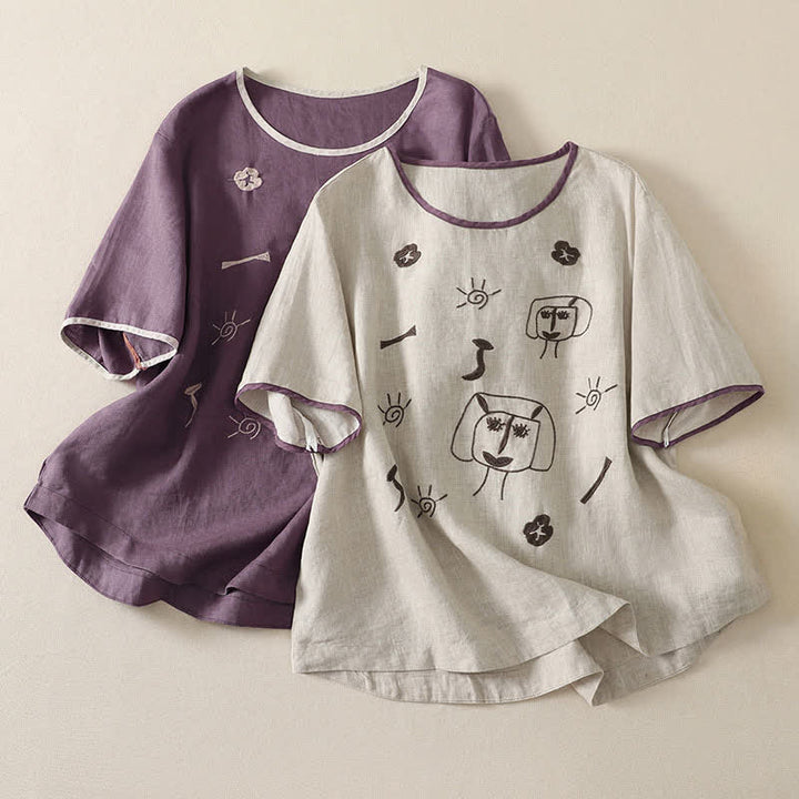 Buddha Stones 夏物カジュアルヴィンテージ抽象ひまわりキャラクター刺繍レディース半袖Tシャツ - image 14
