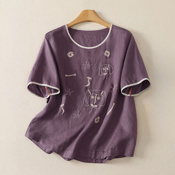 Buddha Stones 夏物カジュアルヴィンテージ抽象ひまわりキャラクター刺繍レディース半袖Tシャツ - 紫 - US8-10, UK/AU12-14, EU40-42 （2XL） - image 0