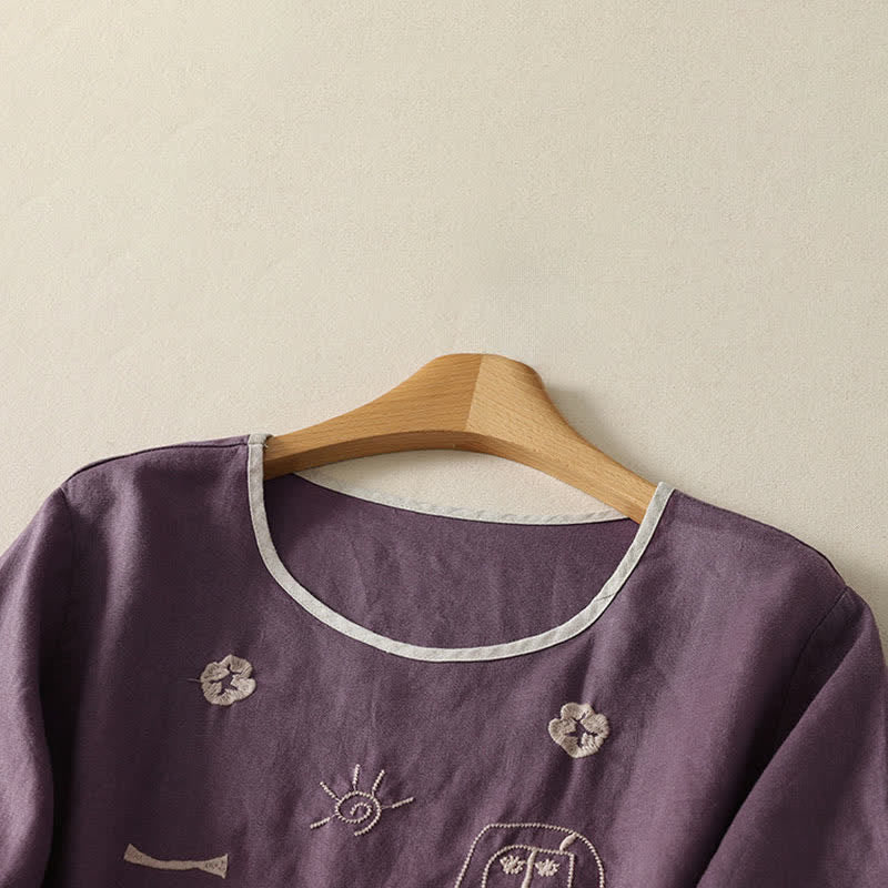 Buddha Stones 夏物カジュアルヴィンテージ抽象ひまわりキャラクター刺繍レディース半袖Tシャツ - image 1