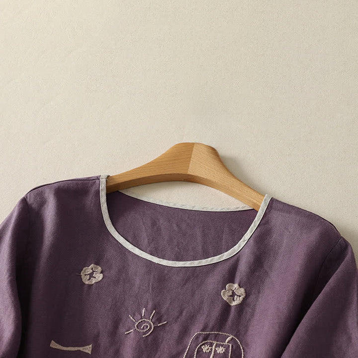 Buddha Stones 夏物カジュアルヴィンテージ抽象ひまわりキャラクター刺繍レディース半袖Tシャツ - image 1
