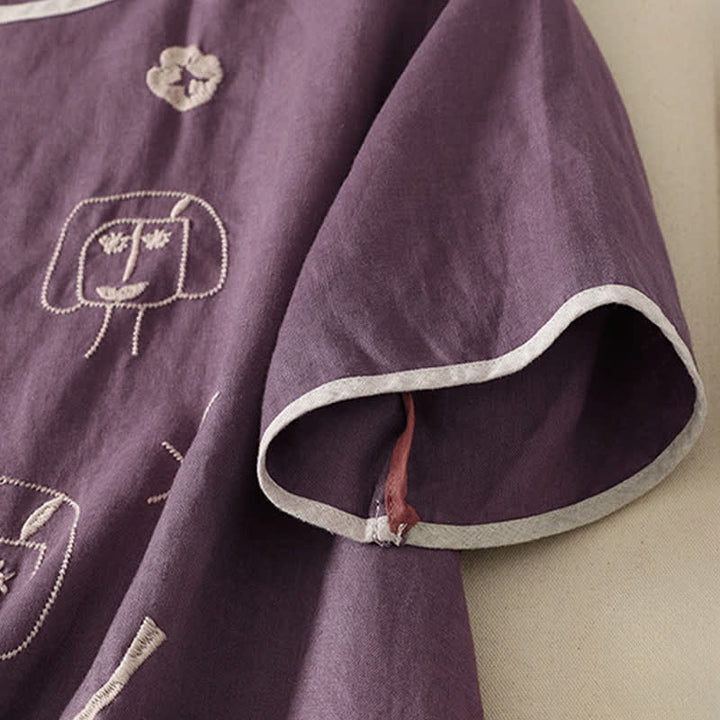 Buddha Stones 夏物カジュアルヴィンテージ抽象ひまわりキャラクター刺繍レディース半袖Tシャツ - image 3