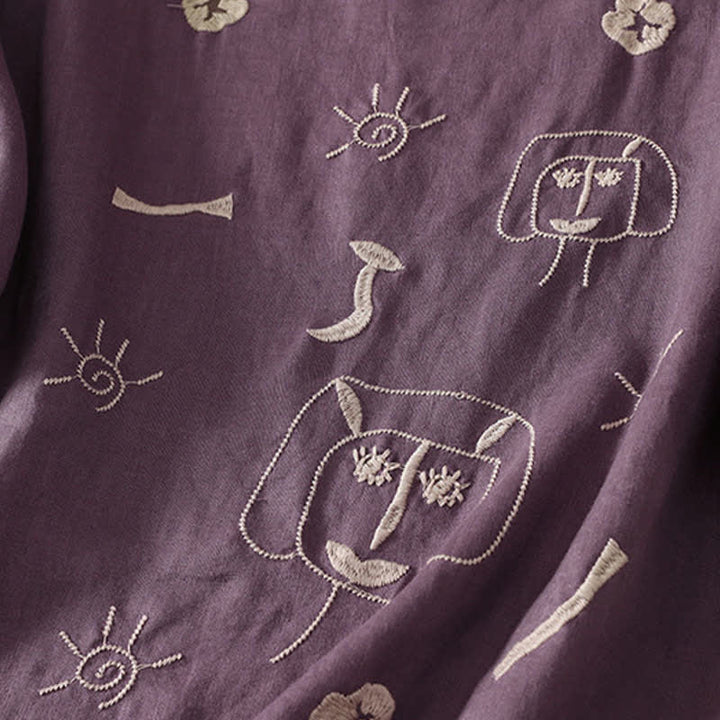 Buddha Stones 夏物カジュアルヴィンテージ抽象ひまわりキャラクター刺繍レディース半袖Tシャツ - image 2