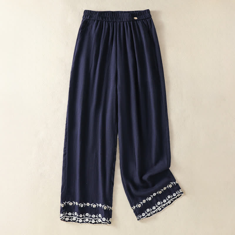 Buddha Stones 夏物カジュアルヴィンテージ刺繍花柄クロップドパンツレディースストレートレッグパンツポケット付き - 海軍 - US8-10, UK/AU12-14, EU40-42 （2XL） - image 1