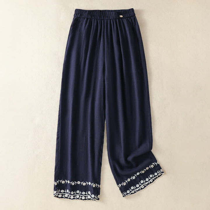 Buddha Stones 夏物カジュアルヴィンテージ刺繍花柄クロップドパンツレディースストレートレッグパンツポケット付き - 海軍 - US8-10, UK/AU12-14, EU40-42 （2XL） - image 1