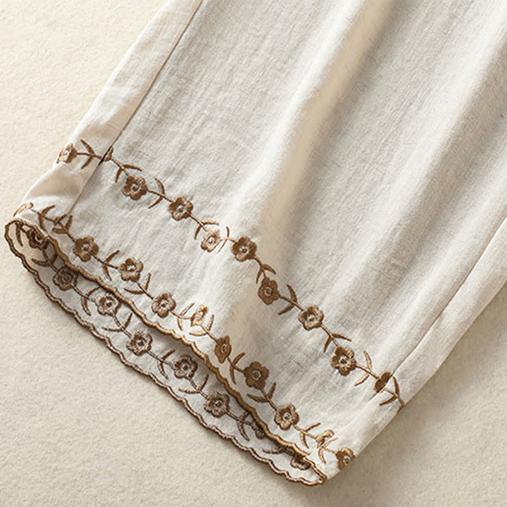 Buddha Stones 夏物カジュアルヴィンテージ刺繍花柄クロップドパンツレディースストレートレッグパンツポケット付き - image 13