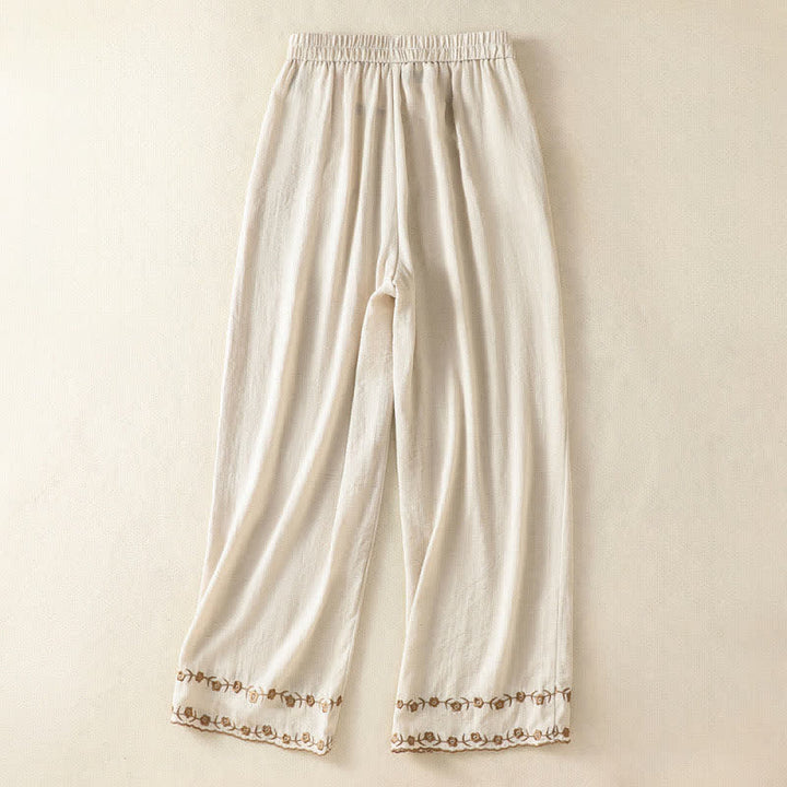 Buddha Stones 夏物カジュアルヴィンテージ刺繍花柄クロップドパンツレディースストレートレッグパンツポケット付き - image 8