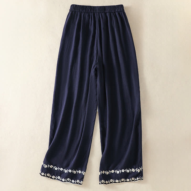Buddha Stones 夏物カジュアルヴィンテージ刺繍花柄クロップドパンツレディースストレートレッグパンツポケット付き - image 2