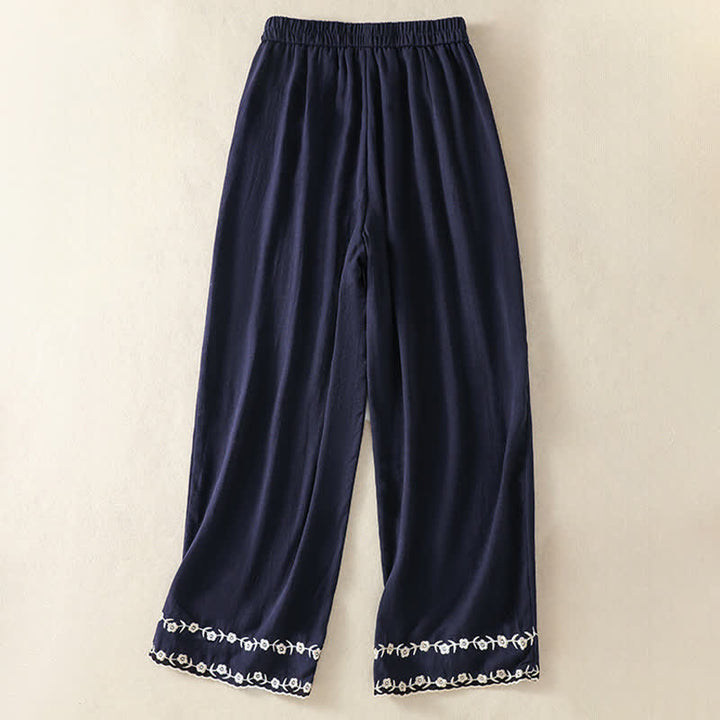 Buddha Stones 夏物カジュアルヴィンテージ刺繍花柄クロップドパンツレディースストレートレッグパンツポケット付き - image 2