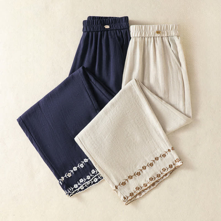 Buddha Stones 夏物カジュアルヴィンテージ刺繍花柄クロップドパンツレディースストレートレッグパンツポケット付き - image 15