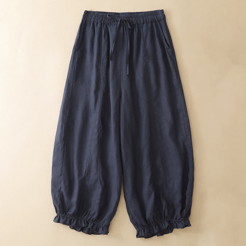 Buddha Stones 夏物カジュアル ドローストリング 無地 フリル裾 クロップドパンツ レディース ハーレムパンツ ポケット付き - 海軍 - US8-10, UK/AU12-14, EU40-42 （2XL） - image 0