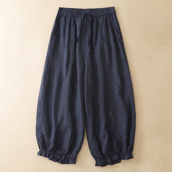 Buddha Stones 夏物カジュアル ドローストリング 無地 フリル裾 クロップドパンツ レディース ハーレムパンツ ポケット付き - 海軍 - US8-10, UK/AU12-14, EU40-42 （2XL） - image 0