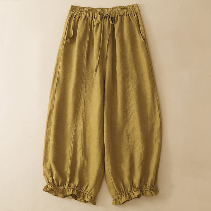 Buddha Stones 夏物カジュアル ドローストリング 無地 フリル裾 クロップドパンツ レディース ハーレムパンツ ポケット付き - ダークカーキ - US8-10, UK/AU12-14, EU40-42 （2XL） - image 6