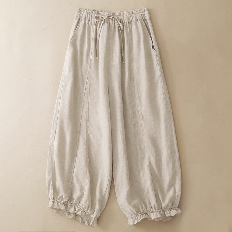 Buddha Stones 夏物カジュアル ドローストリング 無地 フリル裾 クロップドパンツ レディース ハーレムパンツ ポケット付き - ベージュ - US8-10, UK/AU12-14, EU40-42 （2XL） - image 10