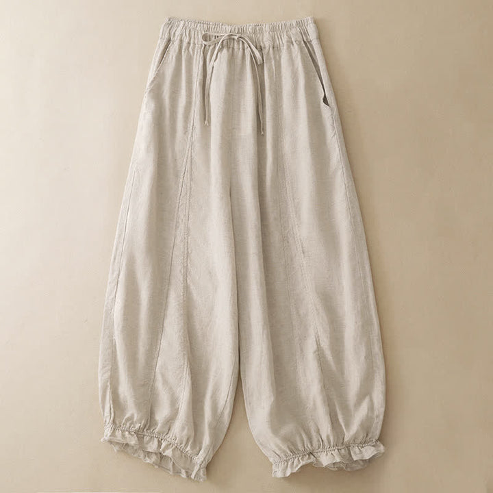 Buddha Stones 夏物カジュアル ドローストリング 無地 フリル裾 クロップドパンツ レディース ハーレムパンツ ポケット付き - ベージュ - US8-10, UK/AU12-14, EU40-42 （2XL） - image 10
