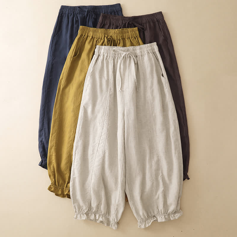 Buddha Stones 夏物カジュアル ドローストリング 無地 フリル裾 クロップドパンツ レディース ハーレムパンツ ポケット付き - image 18