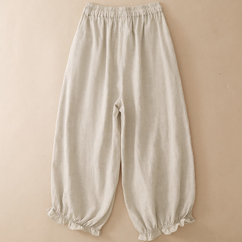 Buddha Stones 夏物カジュアル ドローストリング 無地 フリル裾 クロップドパンツ レディース ハーレムパンツ ポケット付き - image 11