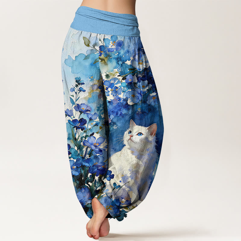 Buddha Stones ピュアコットン製、花柄・白猫柄のレディース用ゴムウエストハーレムパンツ - image 1