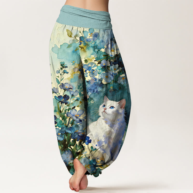 Buddha Stones ピュアコットン製、花柄・白猫柄のレディース用ゴムウエストハーレムパンツ - image 6