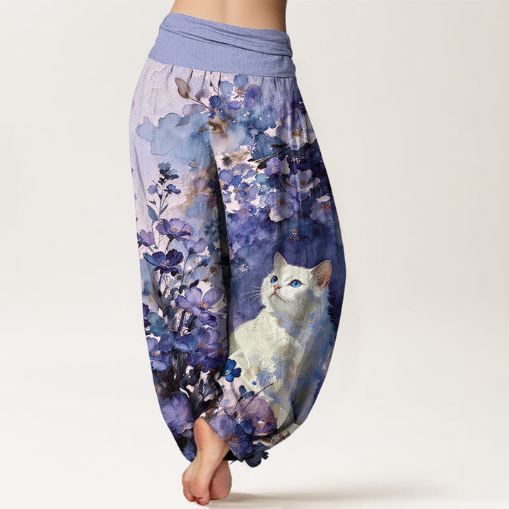 Buddha Stones ピュアコットン製、花柄・白猫柄のレディース用ゴムウエストハーレムパンツ - image 9