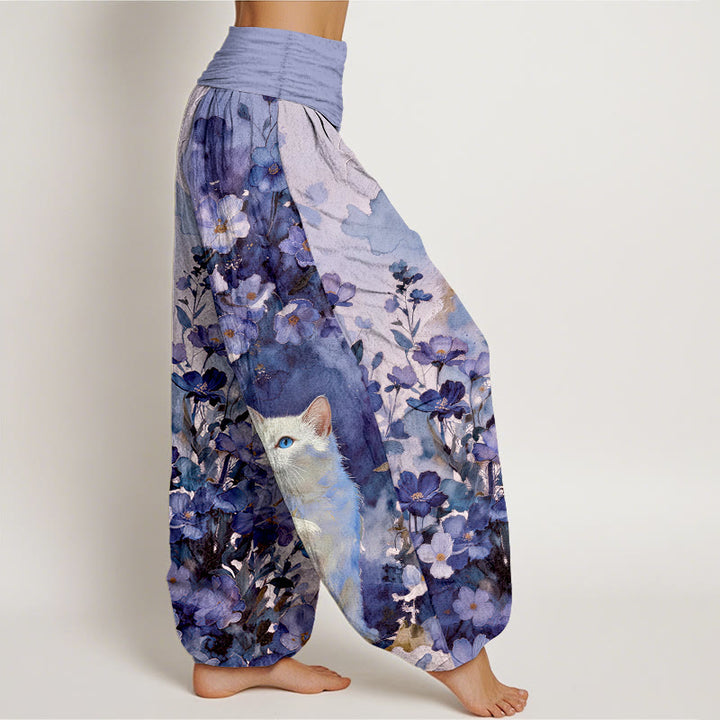 Buddha Stones ピュアコットン製、花柄・白猫柄のレディース用ゴムウエストハーレムパンツ - image 10