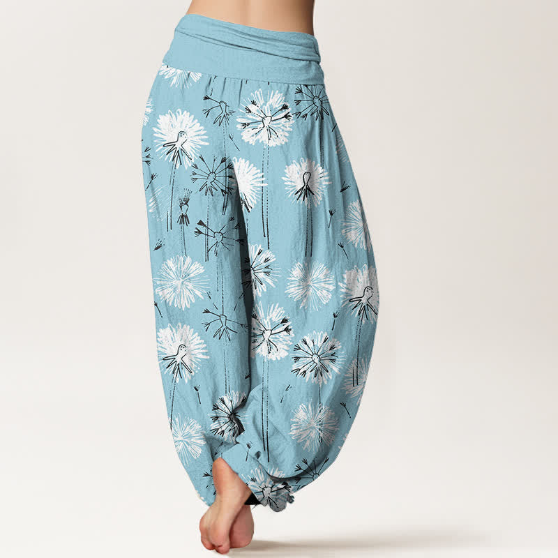Buddha Stones 純綿タンポポ柄レディースゴムウエストハーレムパンツ - image 1