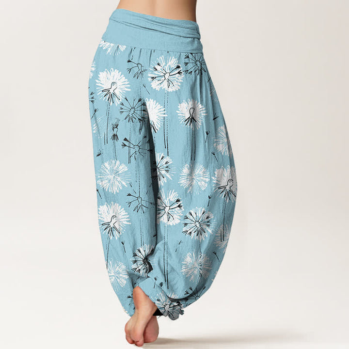 Buddha Stones 純綿タンポポ柄レディースゴムウエストハーレムパンツ - image 1