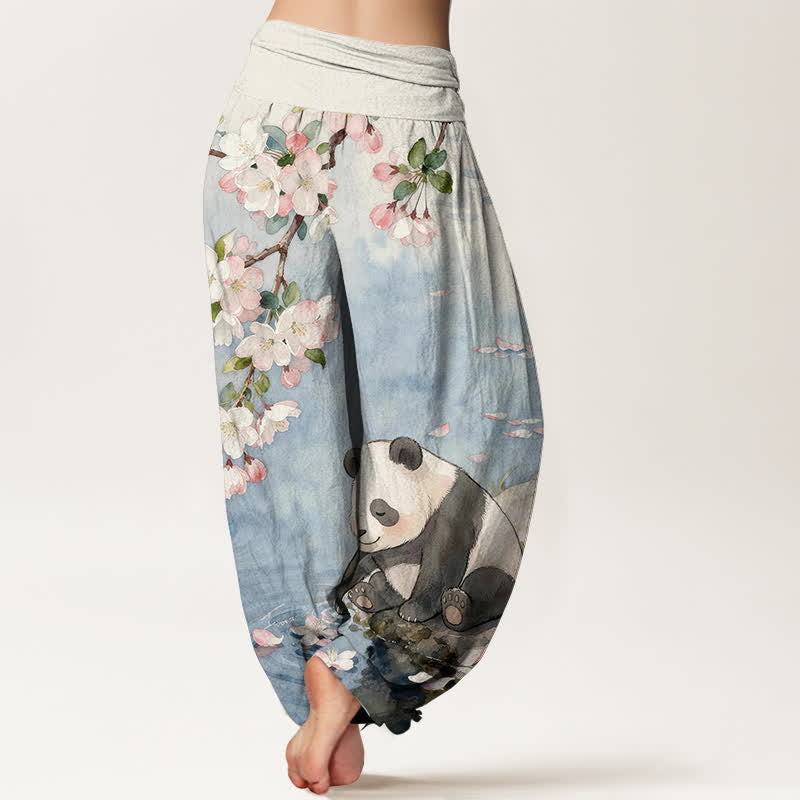 Buddha Stones 純綿桜パンダ柄レディースゴムウエストハーレムパンツ - image 1