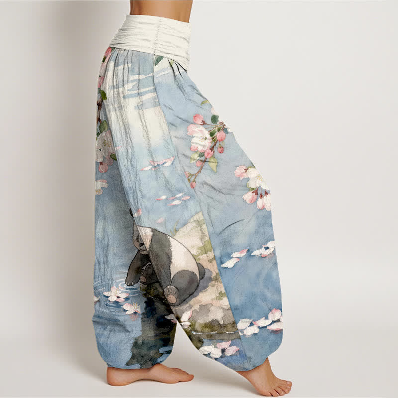 Buddha Stones 純綿桜パンダ柄レディースゴムウエストハーレムパンツ - image 2