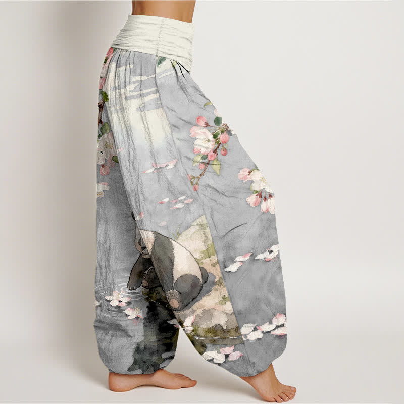 Buddha Stones 純綿桜パンダ柄レディースゴムウエストハーレムパンツ - image 7