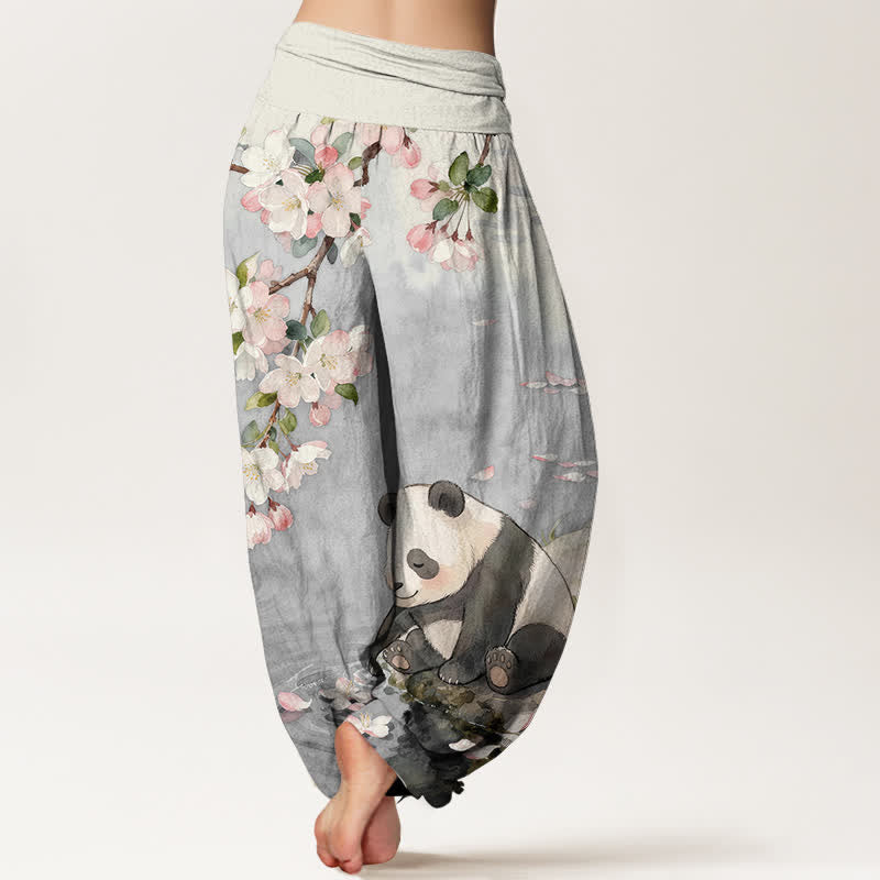 Buddha Stones 純綿桜パンダ柄レディースゴムウエストハーレムパンツ - image 6