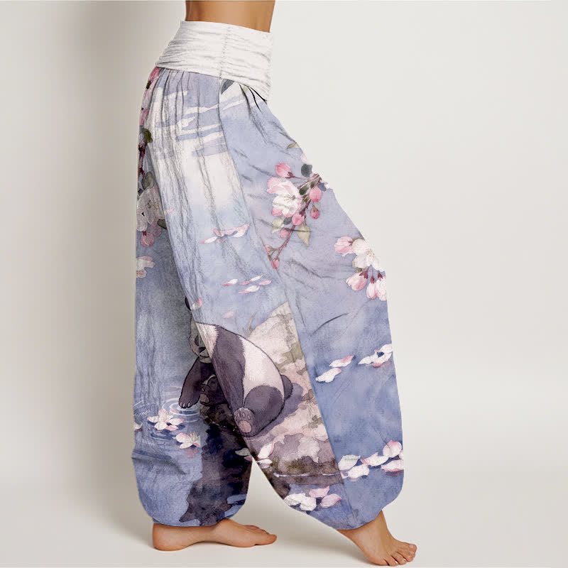 Buddha Stones 純綿桜パンダ柄レディースゴムウエストハーレムパンツ - image 10