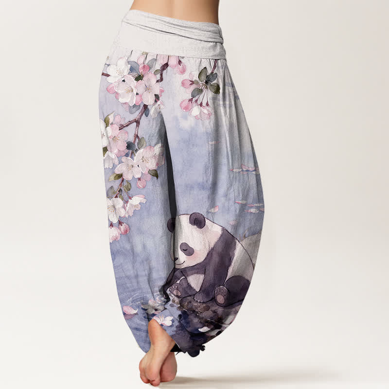 Buddha Stones 純綿桜パンダ柄レディースゴムウエストハーレムパンツ - image 9
